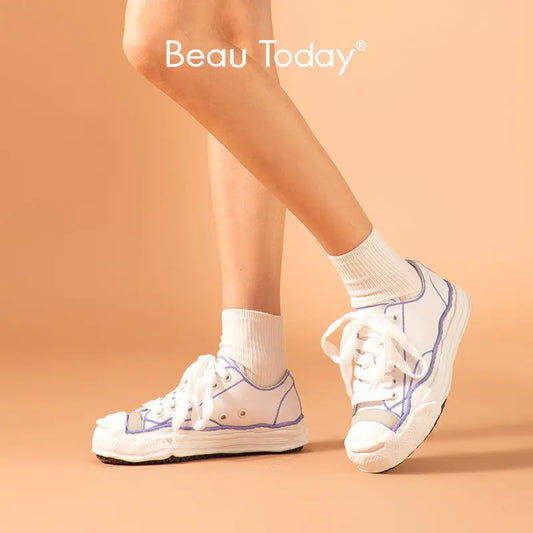 BeauToday Casual Sneakers Platform Women Cow leather Color Line Lace Up Sewing Detail Dissolve Sole Ladies Shoes Handmade 29219