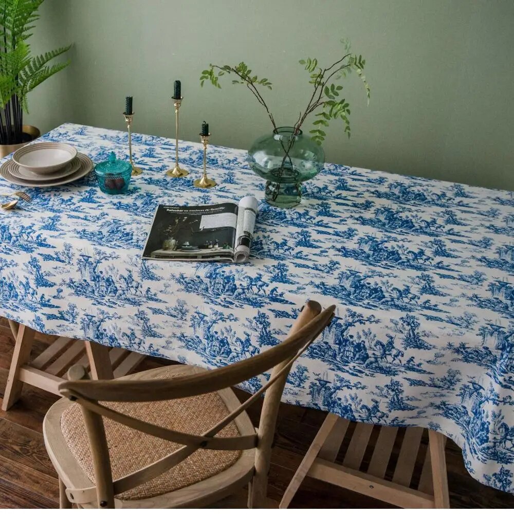 Retro Blue Decorative Table Cloth Rectangular Tablecloths Dining Table Cover Kitchen Obrus Mantel Mesa Home Decor Cushion Cover