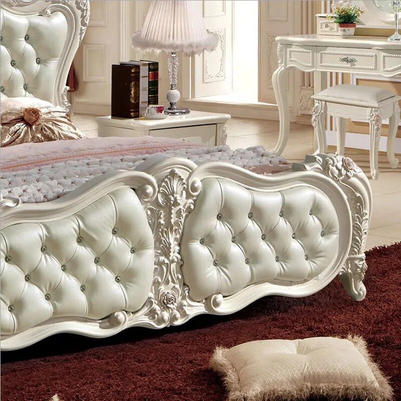 modern european solid wood bed 2 people Fashion Carved  leather  french bedroom furniture pfy10050