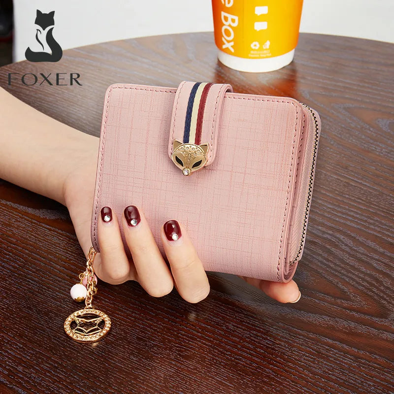 FOXER Card Holder Split Leather Women Wallet Designer Coin Purse Lady Zipper Wallet High Quality Cute Short Wallets With Pendant