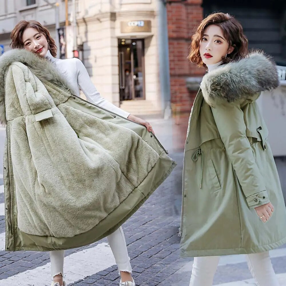 Vielleicht 2022 New Warm Fur Lining Long Parka Winter Jacket Women's Clothing 6XL Medium Long Hooded Winter Coat Women