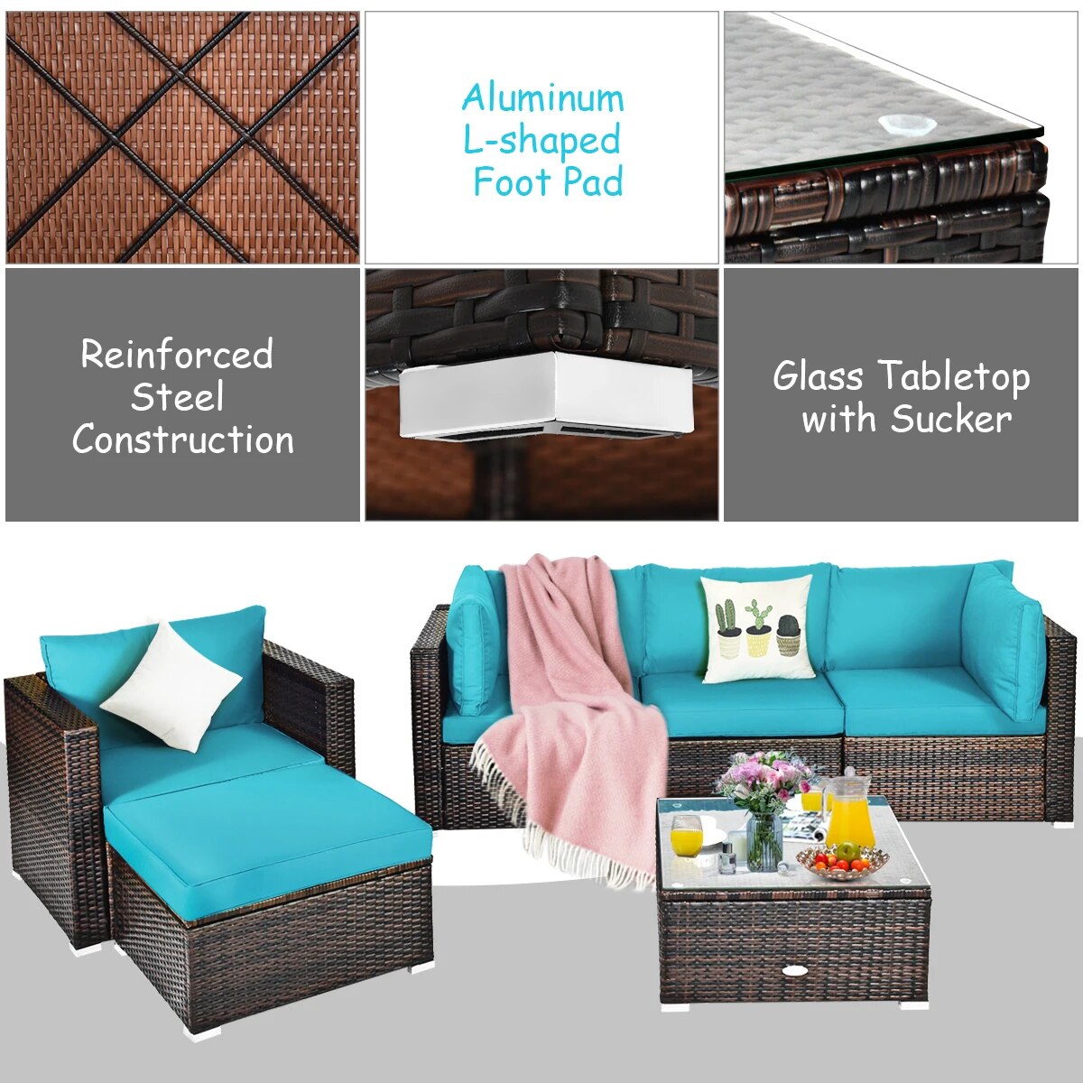 Patiojoy 6PCS Patio Rattan Furniture Set Cushion Sofa Coffee Table Ottoman HW63877