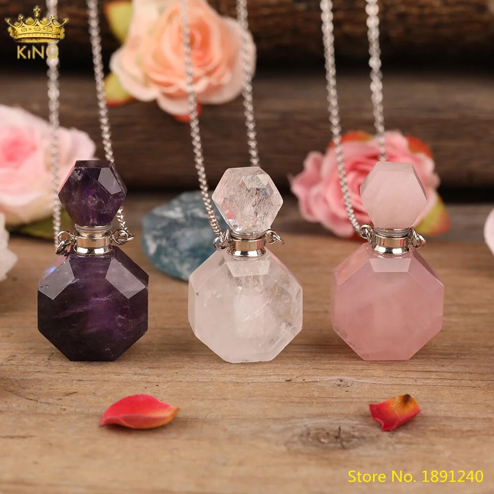 Faceted Natural Amethysts Pink Quartz Perfume Bottle Essential Oil Pendant Women Quartz Stone Vials Gold Chains Necklace Jewelry