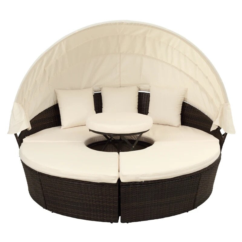 Patio Furniture Round Outdoor Sectional Sofa Set Rattan Daybed Sunbed with Retractable Canopy and Removable Cushion (Beige)
