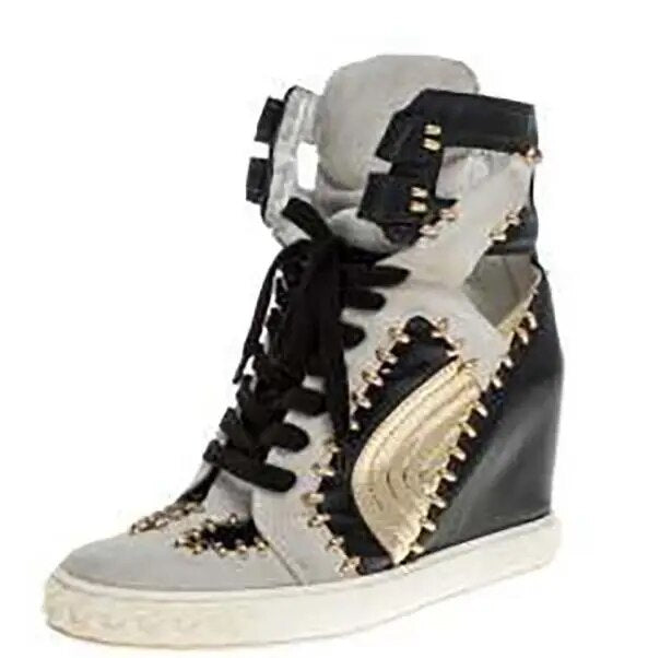 Woman Green Blue Python Suede Leather Patchwork Rivets High Top Sneakers 8 CM Height Increasing Lace Up Wedge Casual Ankle Boots