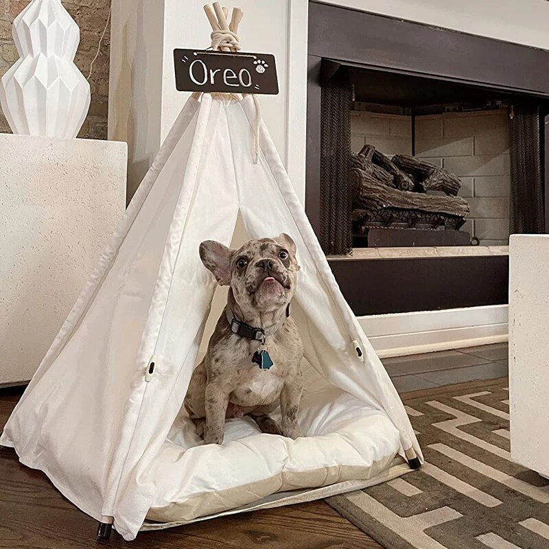Pet Teepee Cat Tent Dog House Bed Canvas Dogs Tents Kennel with Thick Cushion Blackboard Indoor Modern Houses for Puppy Kitten