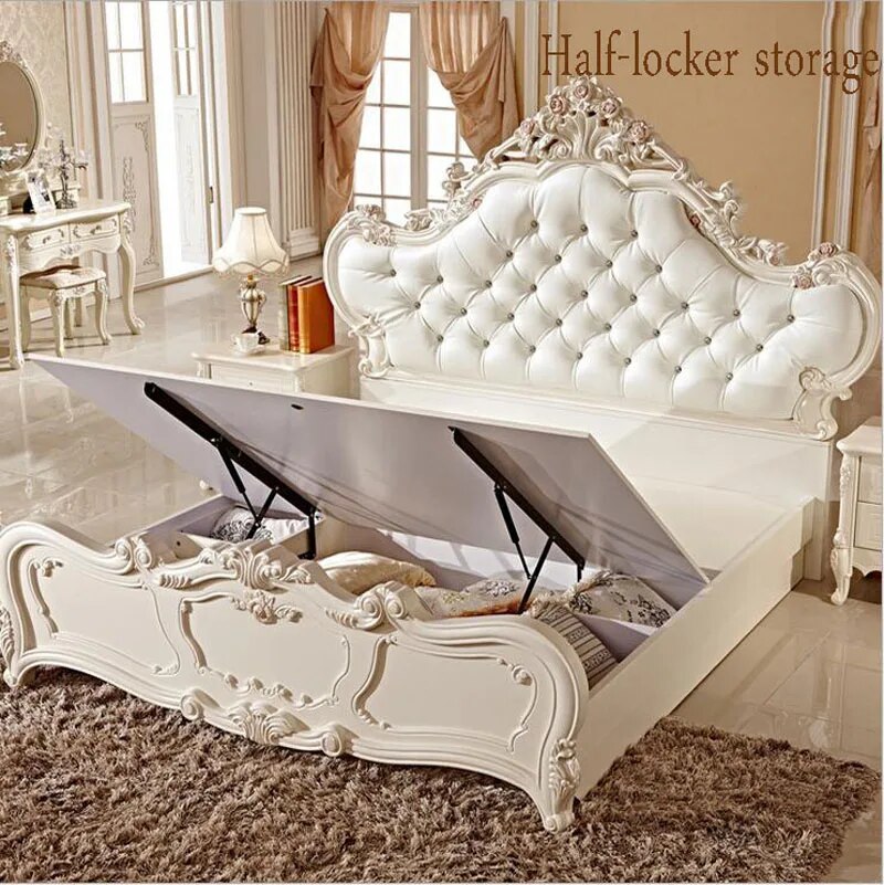 modern european solid wood bed 2 people Fashion Carved  leather  french bedroom furniture pfy10050