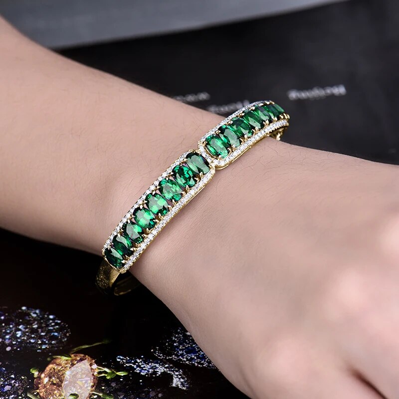 LOVERJEWELRY Luxury Bracelets Real 18Kt AU750 Yellow Gold With Genuine Diamonds Natural Stone Emerald Bangeles For Women Wedding