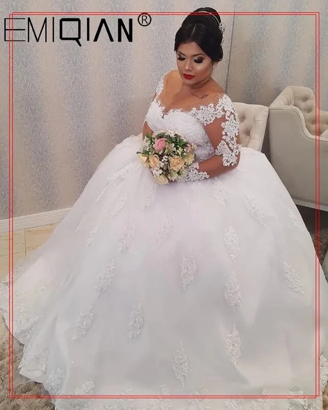 Plus size Lace Appliques Wedding Dresses Long Sleeves Lace Up Back Wedding Gowns Bride Dresses robe de mariee - KAISERINC