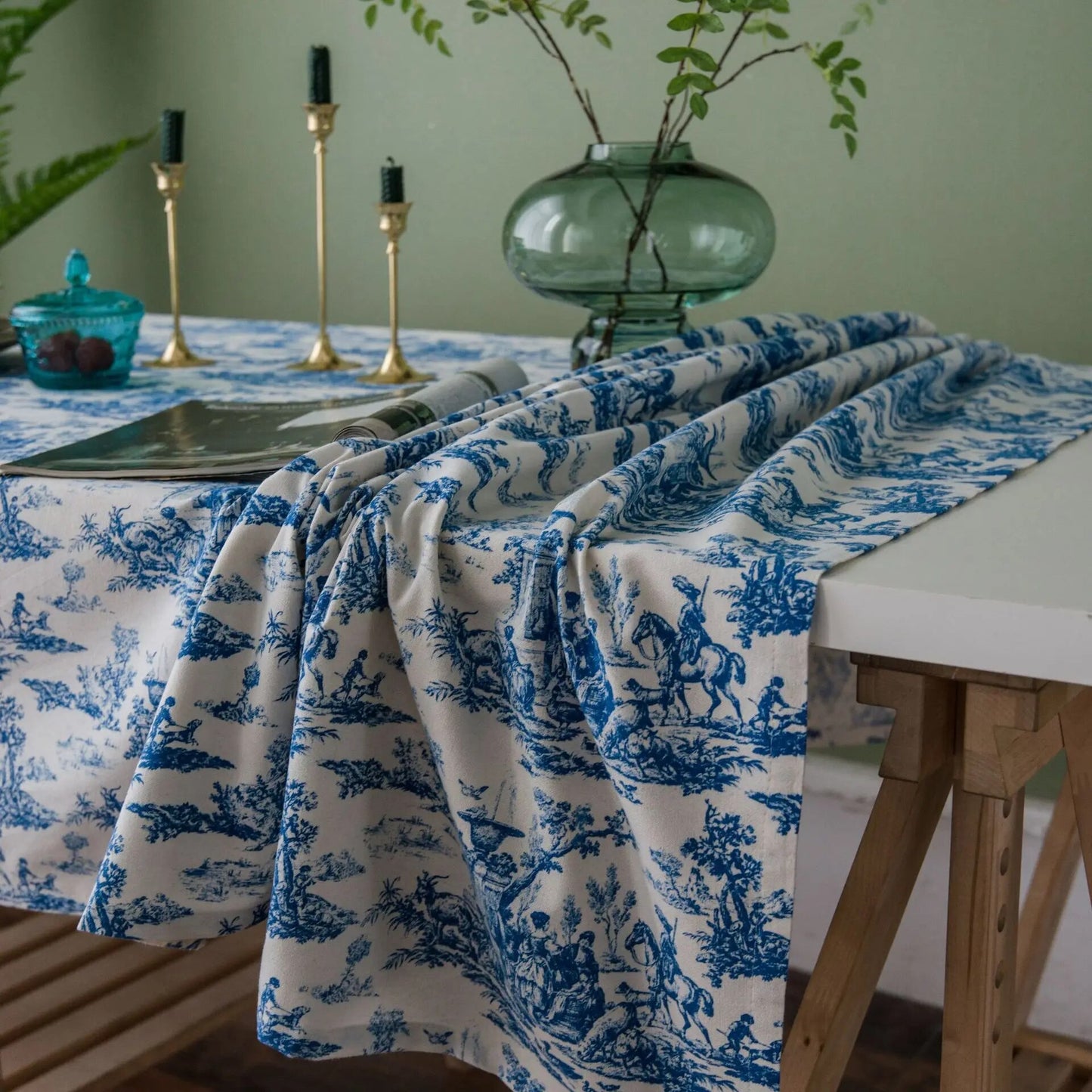Retro Blue Decorative Table Cloth Rectangular Tablecloths Dining Table Cover Kitchen Obrus Mantel Mesa Home Decor Cushion Cover