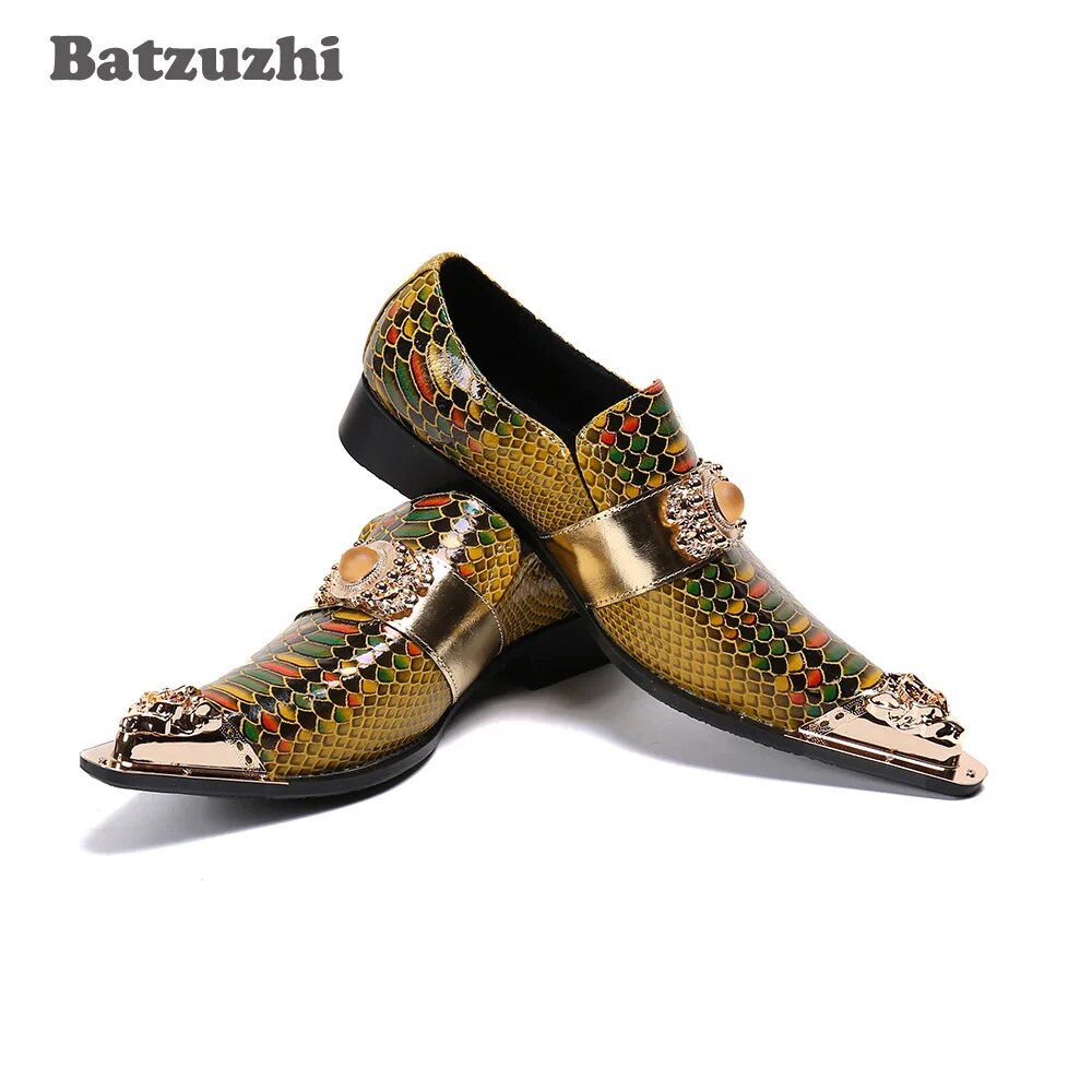 Batzuzhi Japanse Type Men's Shoes Genuine Leather Dress Shoes Pointed Toe Slip on Gold Party/Business/Wedding Zapatos Hombre!