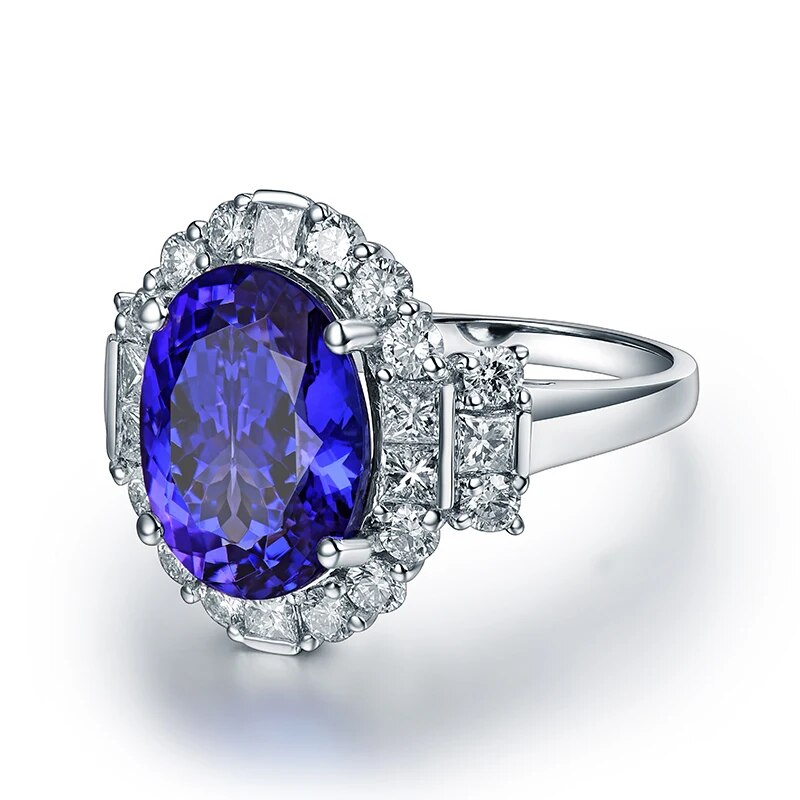 LOVERJEWELRY Natural Blue Tanzanite Stone Oval Cut 10x12mm Real 18Kt White Gold Rings 1.33ct Diamonds Tanzanite Ring For Women