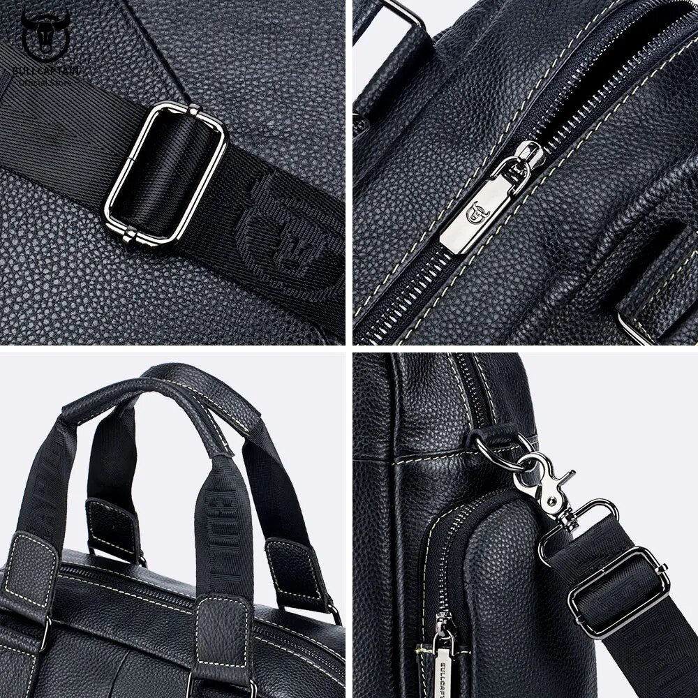 BULLCAPTAIN Men's Leather Briefcase Can Be Used For 14-Inch Laptop Business Shoulder Messenger Handbag Leisure Travel Bags