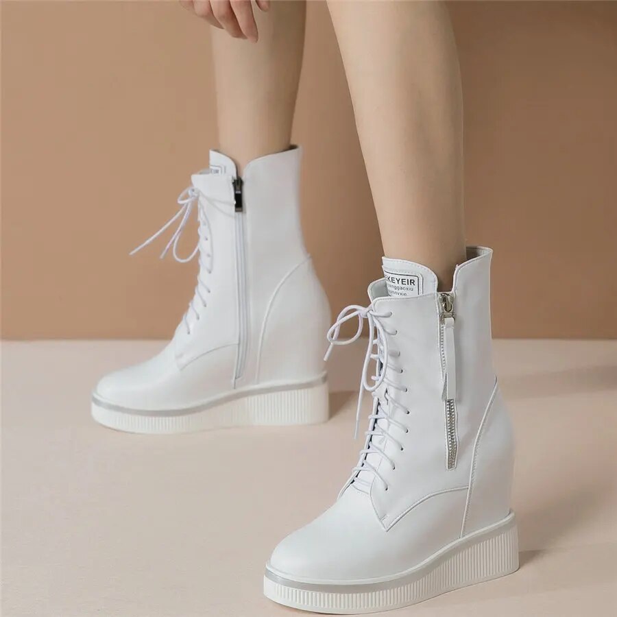 Platform Trainers Women Lace Up Cow Leather Wedges High Heel Pumps Shoes Female High Top Round Toe Fashion Sneakers Casual Shoes