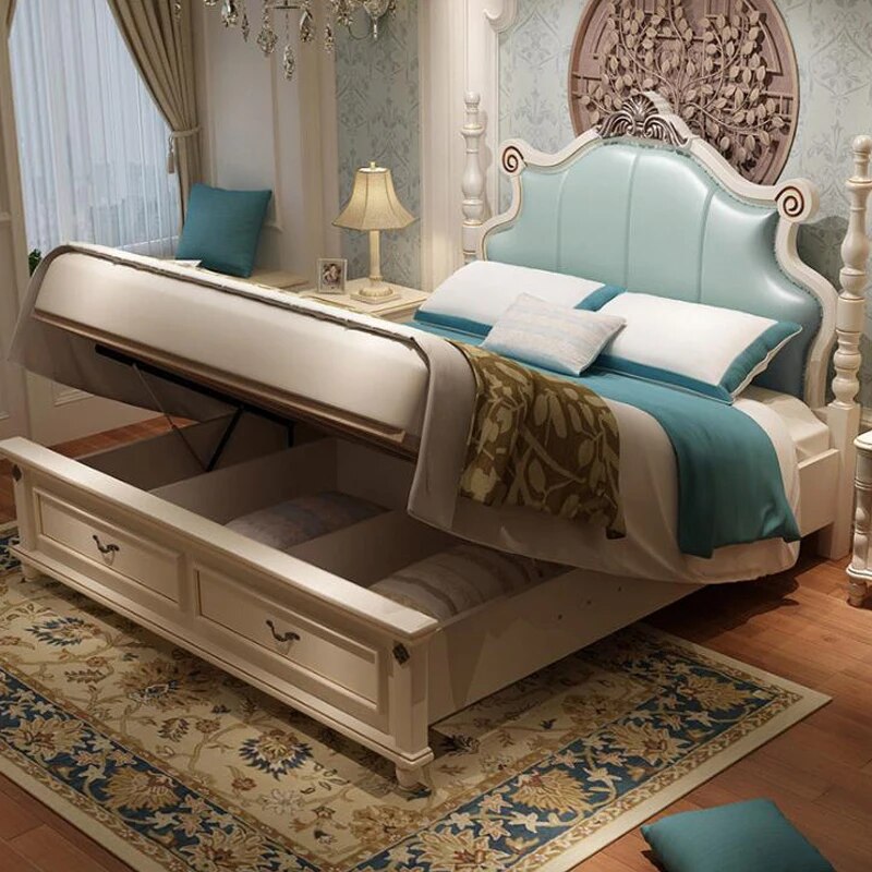 modern european solid wood bed 2 people Fashion Carved  leather  french bedroom furniture bng011