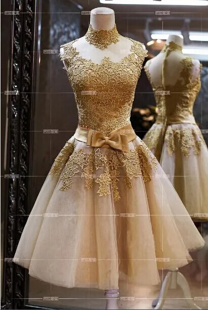 Robe De Soiree 2023 golden Short Lace Evening Dresses gowns Banquet Vintga High Neck vestido de festa Prom Dresses party dress - KAISERINC