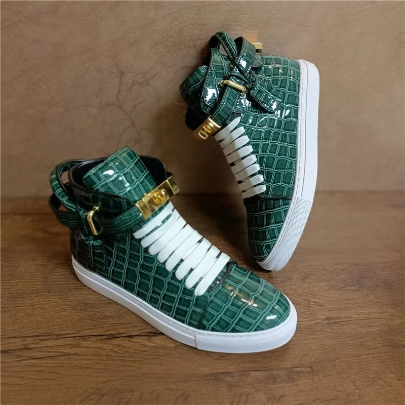 Phenkang Men Alligator Pattern High Top Sneakers Lock Lace Flats Glossy Real Leather Newest Designer Boots Men‘s Casual Shoes
