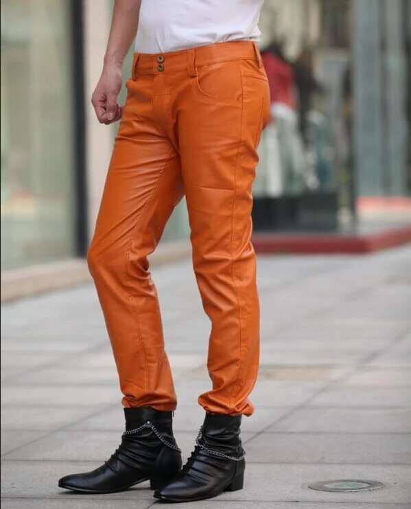 Azazel Free shipping 2020 New style Fashion leather pants Men orange Slim leather pants Nightclub male Plue Size trousers 29-39