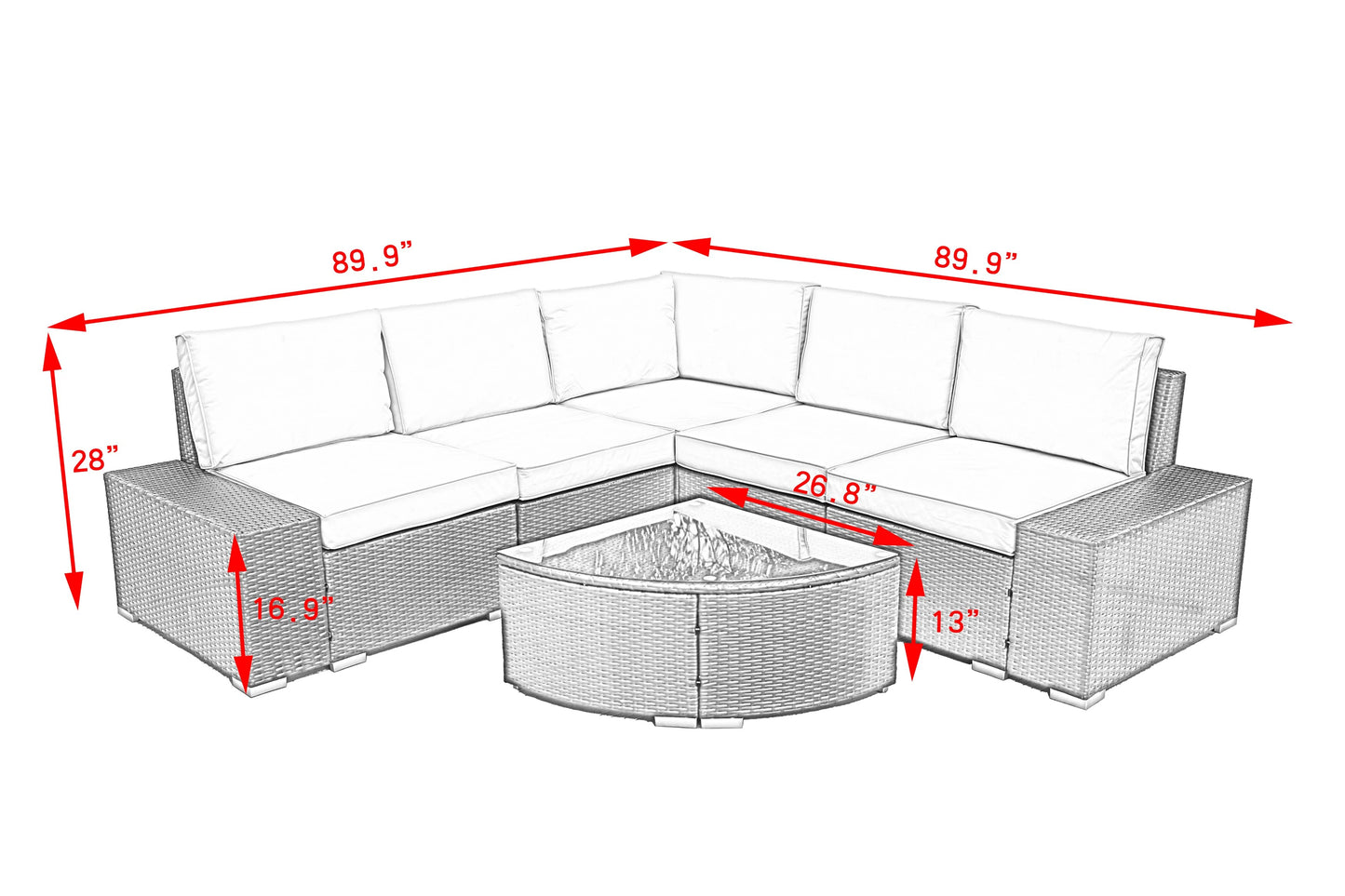 Oval Shape Outdoor Patio PE Rattan Wicker Furniture 6 Pcs Set Sectional 2 Middle+2 Armrest+1 Corner Sofa+1 Tea Table[US-W]