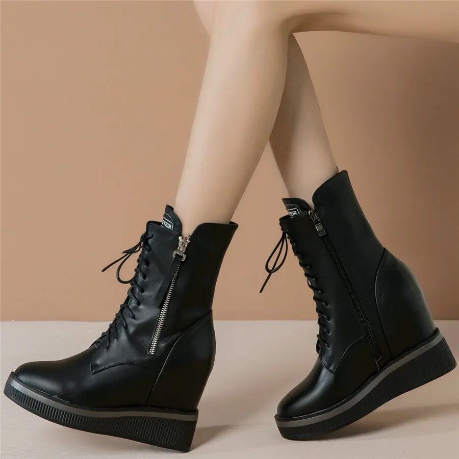 Platform Trainers Women Lace Up Cow Leather Wedges High Heel Pumps Shoes Female High Top Round Toe Fashion Sneakers Casual Shoes