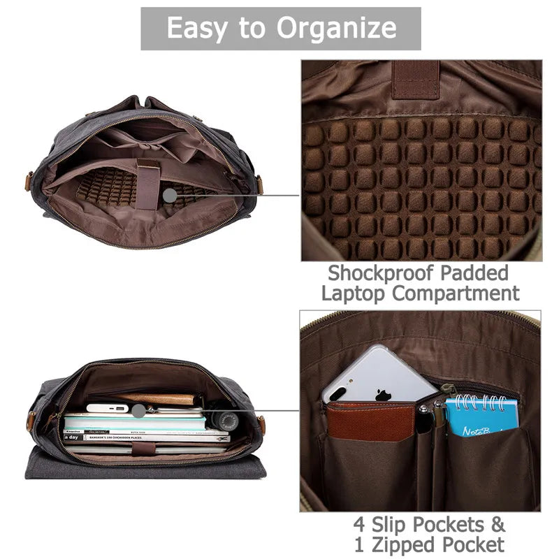 VASCHY Vintage Men Briefcase Water Resistant Canvas Messenger Bag for 15 In Laptop Business Satchel Padded Shoulder Bags Male