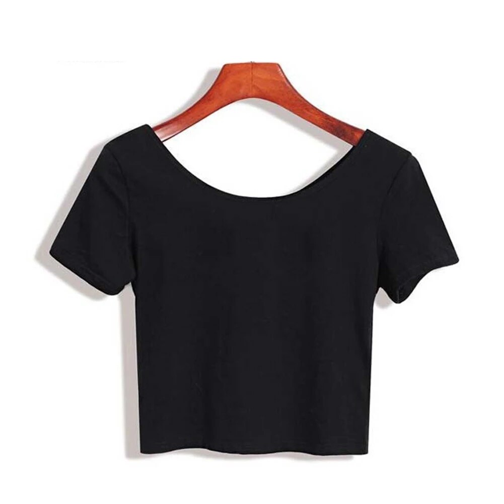 Sexy Black U Neck Crop Top Ladies Cotton Short Sleeve Women Clothes Harajuku Woman Tshirts Tee Korean T Shirt Women Top