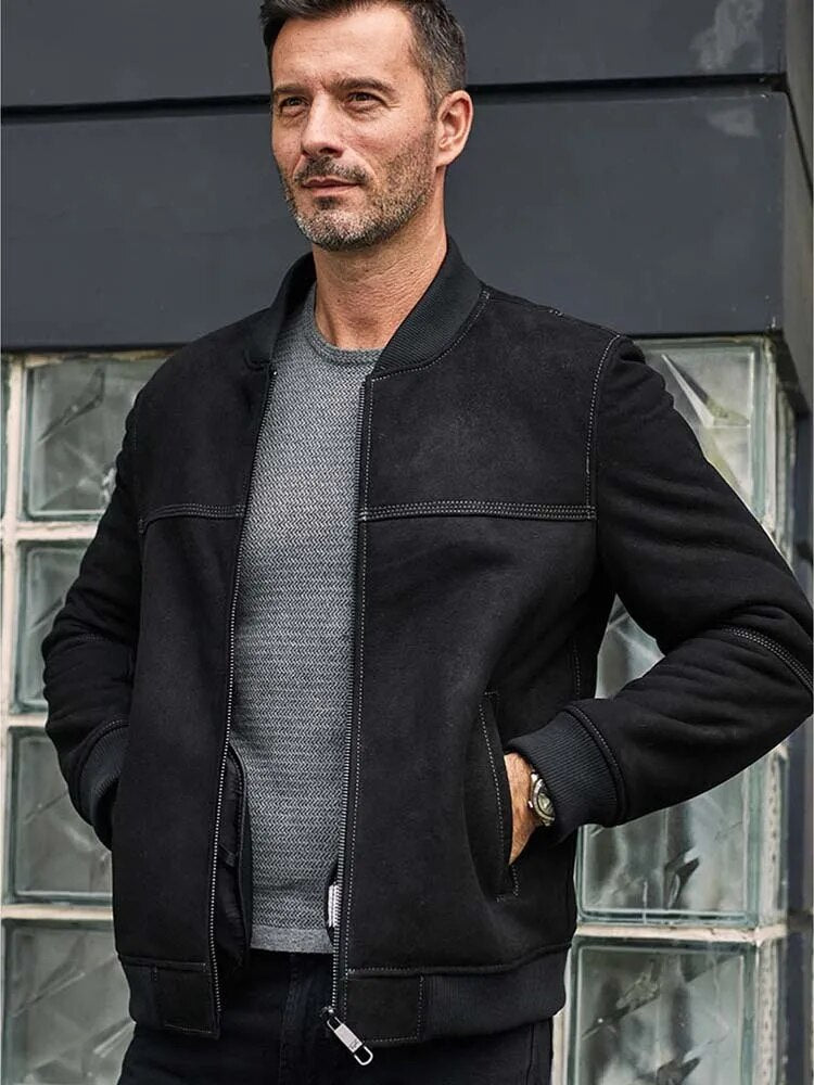 New Mens Shearling Coat Black Leather Jacket Short Fur Overcoat Baseball Uniform Warmest Winter Outwear