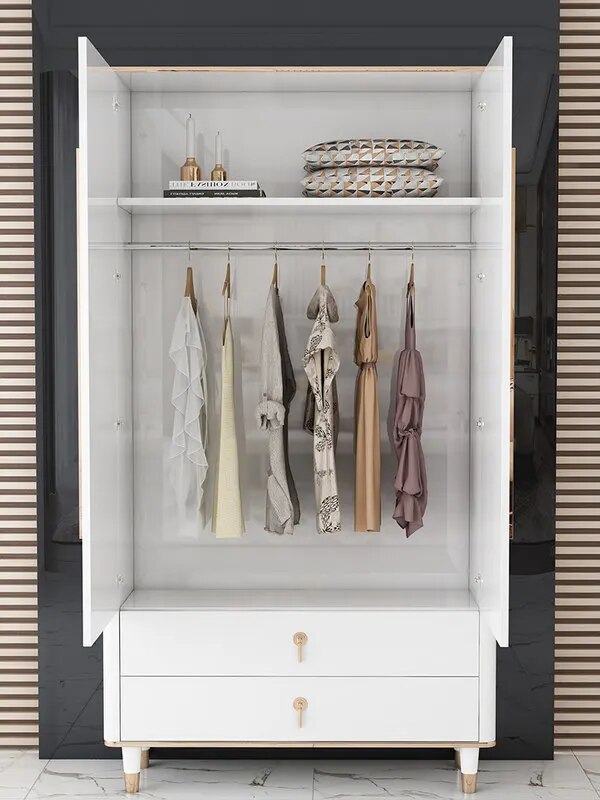 Double-Door Closet Modern Simple Light Luxury Wardrobe White Bright Paint Gold Furniture for Bedroom