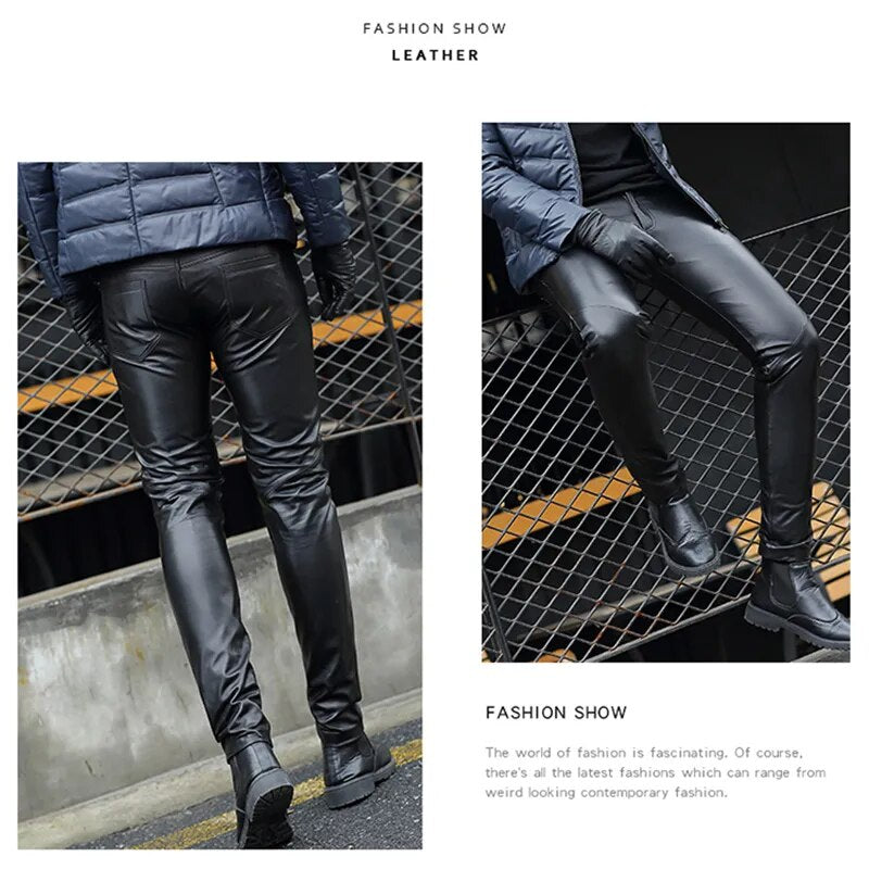 Sheepkin Pants Fit Stretchy Men's Business Autumn Winter Genuine Leather Pants Male Elastic Tight Trousers Shiny Pencil Pants