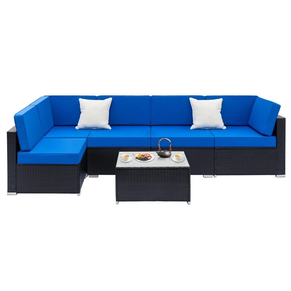 Two Styles Patio Furniture Set 6 Pieces Patio PE Wicker Rattan Corner Sofa Blue  US Warehouse In Stock