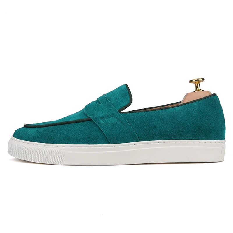 Piergitar 2021 Men Sneakers Green Color Suede Men's Vulcanize Shoes Handmade Male Penny Loafers Wihte Bottom Man Flats