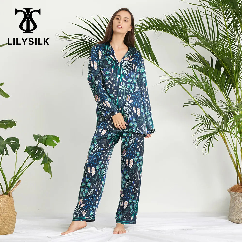 LILYSILK 100 Silk Pajamas Set Pijama Women Sleepwear Plant Print Long NEW Luxury Natural Women's Clothing Free Shipping