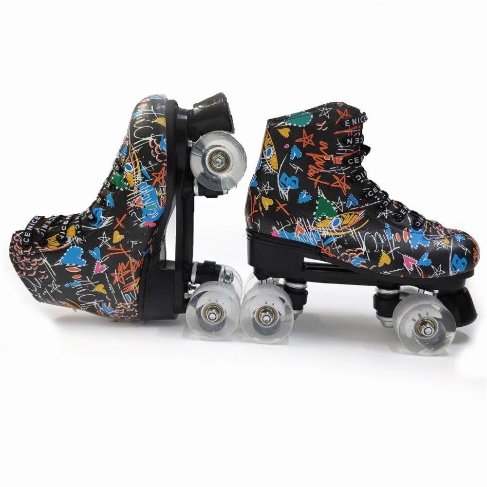 Print White Black Microfiber Roller Skates Double Row 4 Wheels PU Skating Shoes Skates Kids Gifts Roller Sneakers Training