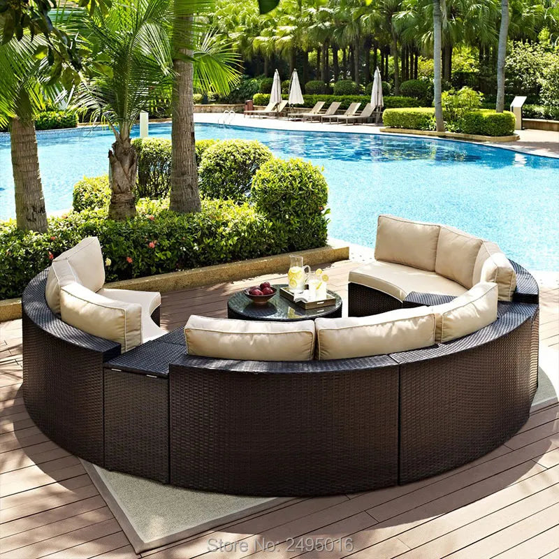 6pcs Rattan Half Moon Outdoor Sofa Garden Furniture Set Semi Circle Sofa Wicker woven swiming pool couch Sets custom color size