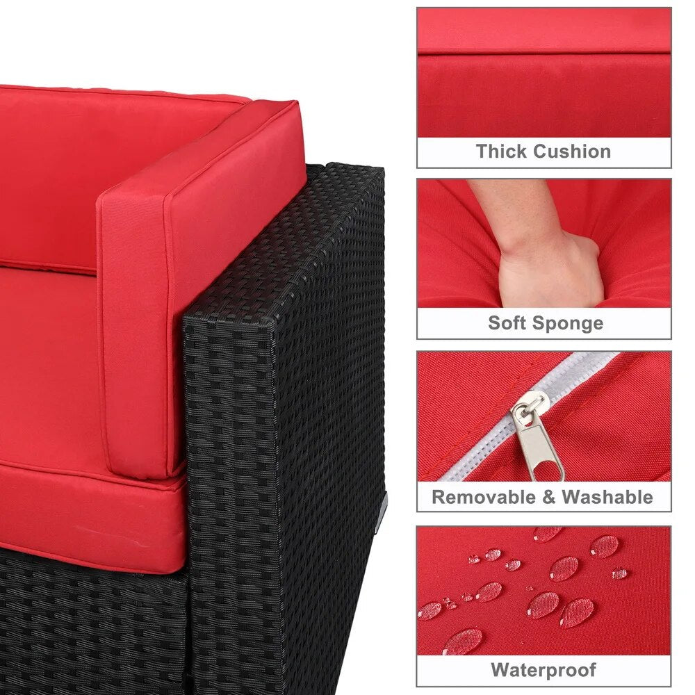 5Pcs Patio Furniture Set Include 2 Corner Sofa 2 Armless Sofa 1 Insulated Coffee Table PE Rattan Iron Black 4-Wire Red Cushion