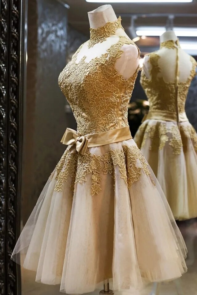 Robe De Soiree 2023 golden Short Lace Evening Dresses gowns Banquet Vintga High Neck vestido de festa Prom Dresses party dress - KAISERINC