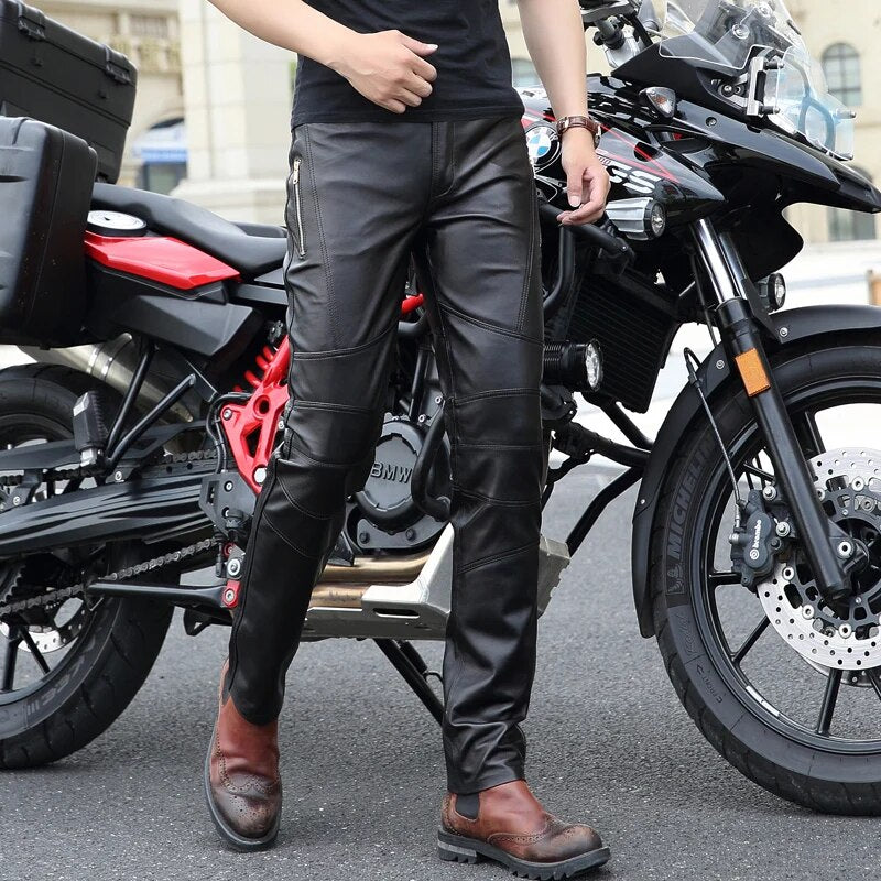 high quality New Men's Genuine Leather Pants Men Tight Locomotive Trousers Korean male Moto Natural sheepskin pencil pants 30-36