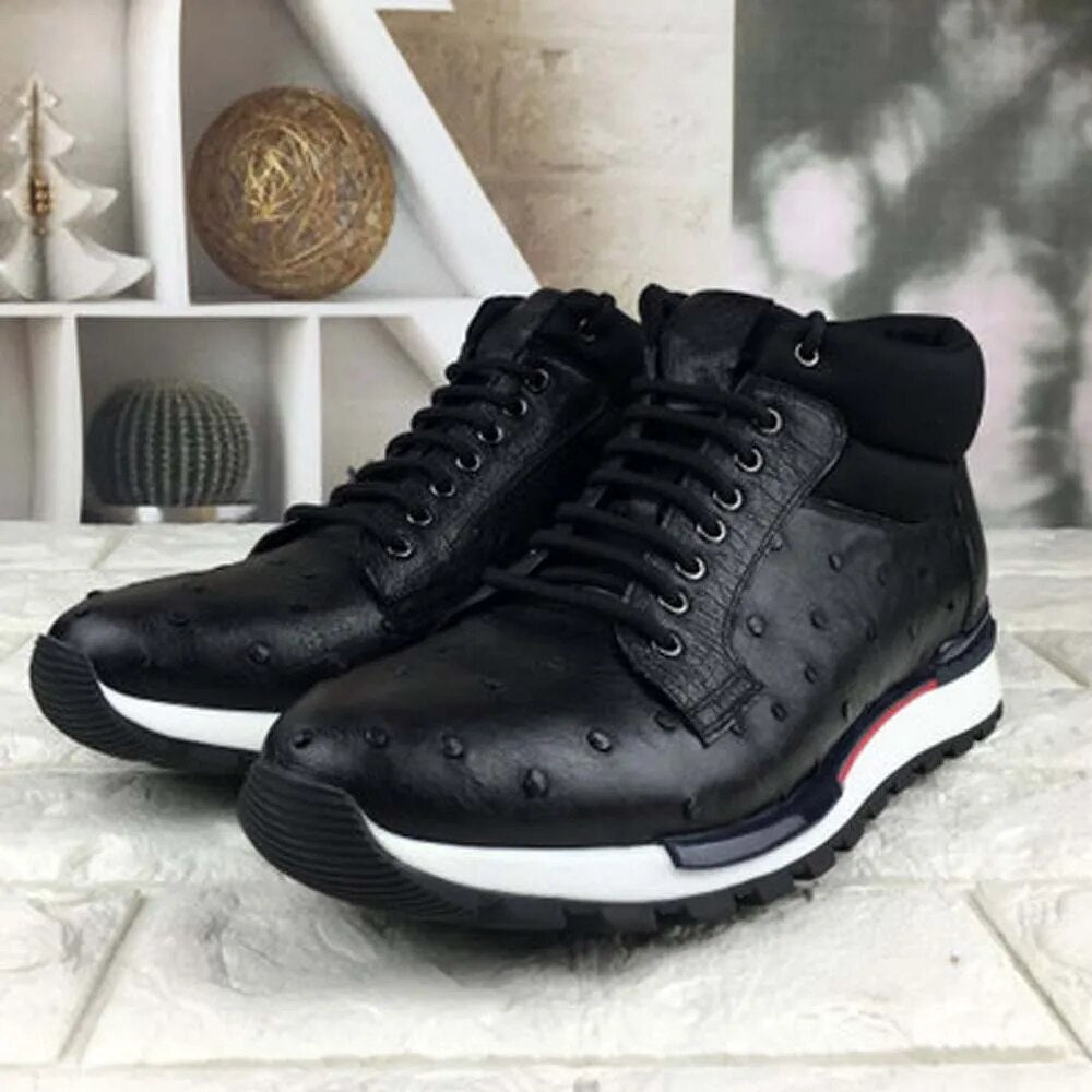 ousidun Autumn winter new ostrich skin men shoes men boots  men's casual leather shoes comfortable  lacing men boots hight cut