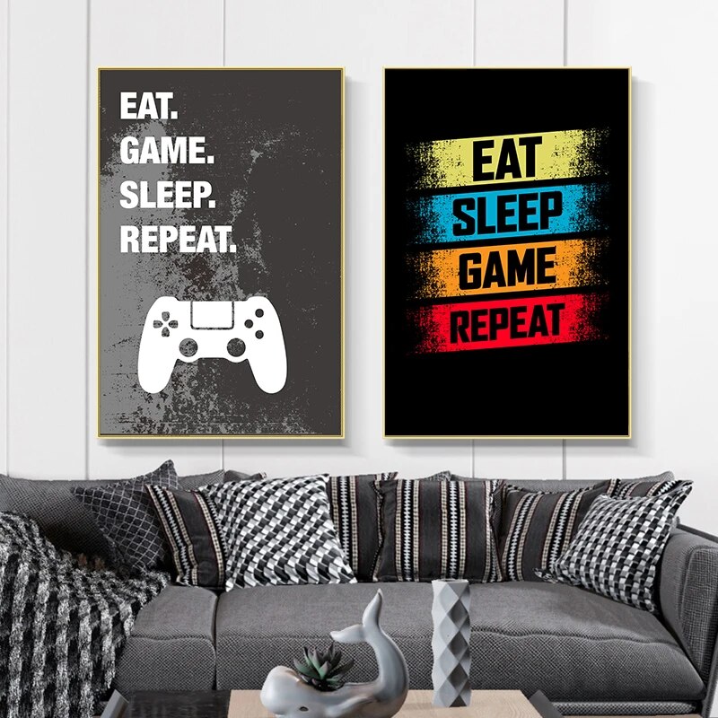 Eat Sleep Game Repeat Gaming Poster Gamer Canvas Painting Poster and Prints for Boys Room Decorative Wall Art Picture Playroom