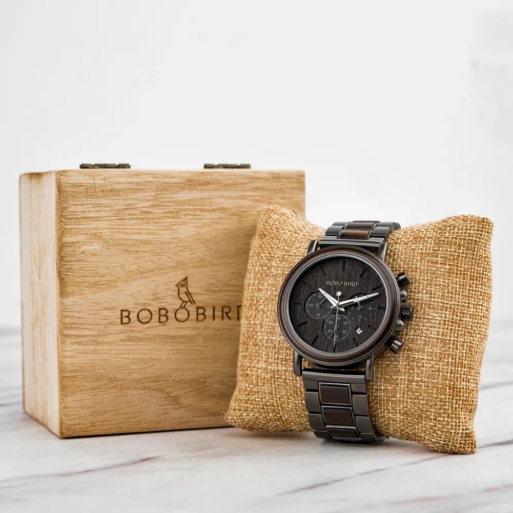 BOBO BIRD Chronograph Men Watch Wooden Brand Luxury Metal Clock montre design homme