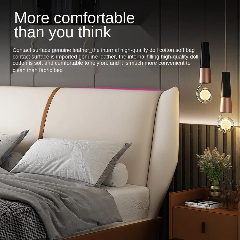Reap North Italy Imported Full-Grain Leather Soft Furniture Master Bedroom Leather Bed Modern Minimalist Bed