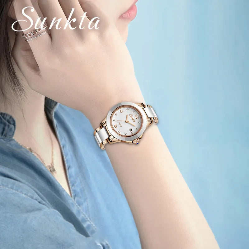 SUNKTA Fashion Women Watches Rose Gold Ladies Bracelet Watches Reloj Mujer 2023 New Creative Waterproof Quartz Watches For Women