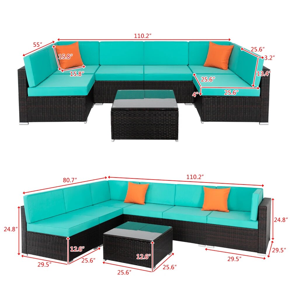 Outdoor Indoor Furniture 7-Piece Set 6 Modular Sofa 1 Coffee Table PE Rattan Steel Frame Concise Design Lake Blue[US-Stock]