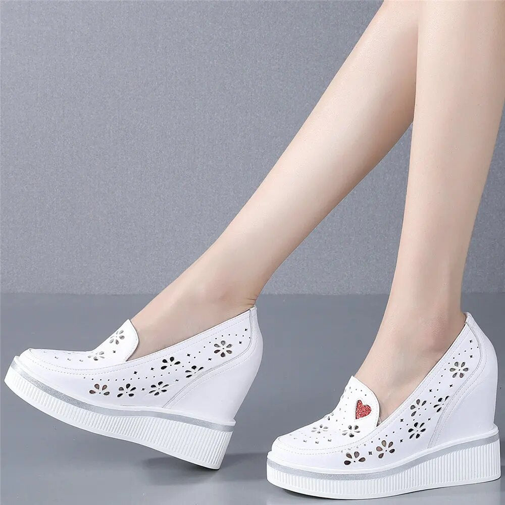 Fashion Sneakers Women Hollow Genuine Leather Wedges High Heel Ankle Boots Female Round Toe Platform Oxfords Shoes Casual Shoes
