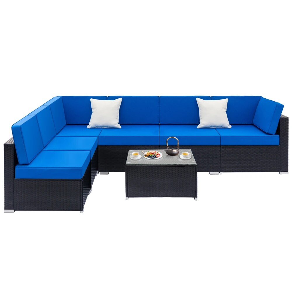 Patio Furniture Set Fully Equipped Weaving Rattan Sofa Set with 2pcs Corner Sofas & 4pcs Single Sofas & 1 pcs Coffee Table Black