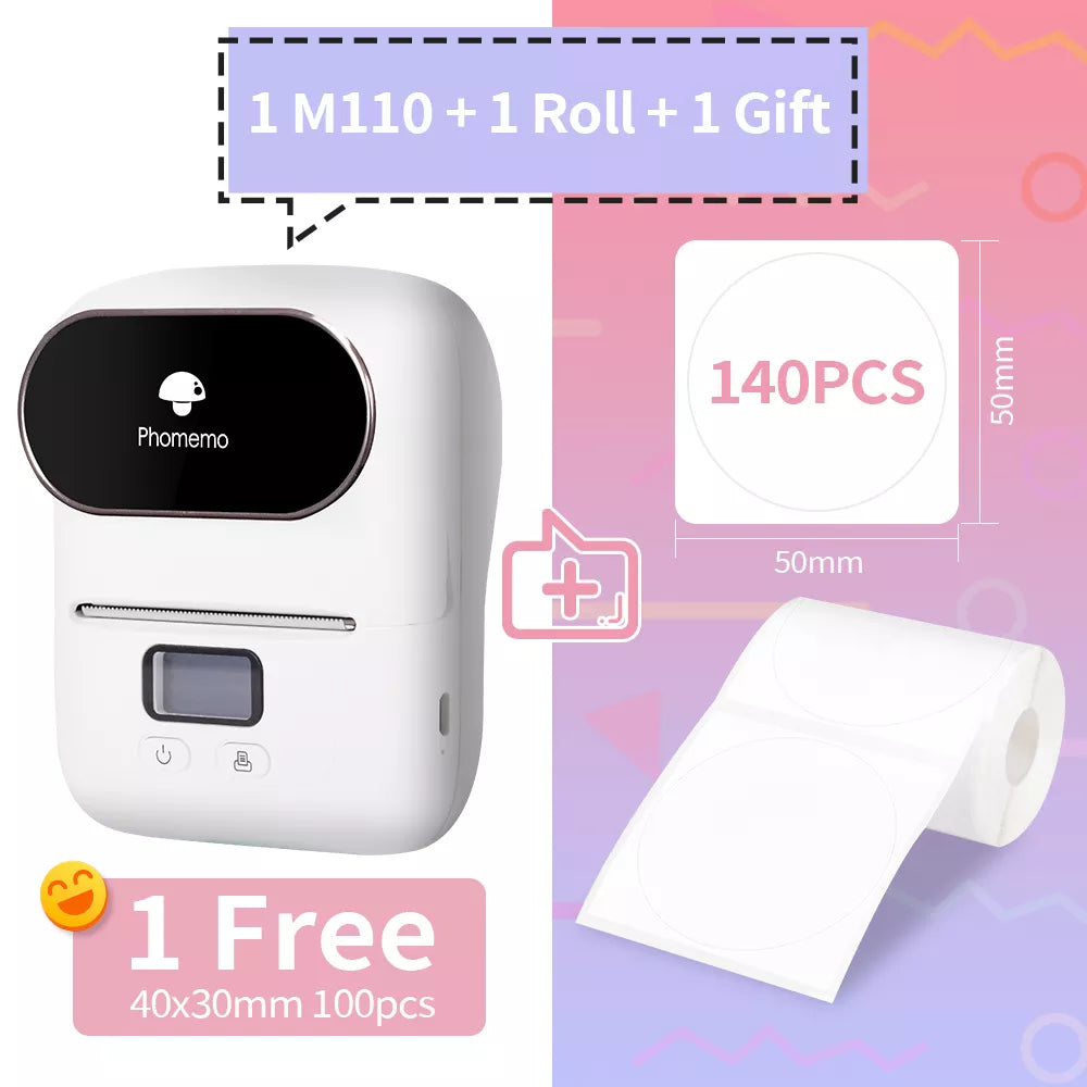 Phomemo M110 Wireless Printers Thermal Label Maker Android & IOS Phone Sticker Printer with Square Round Adhesive Paper Roll