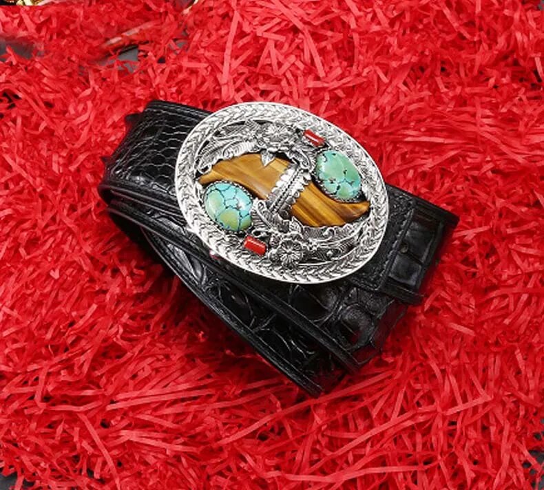linshe new  crocodile leather men belt  male  925 sterling silver  buckle  belts  business  crocodile  male  belt