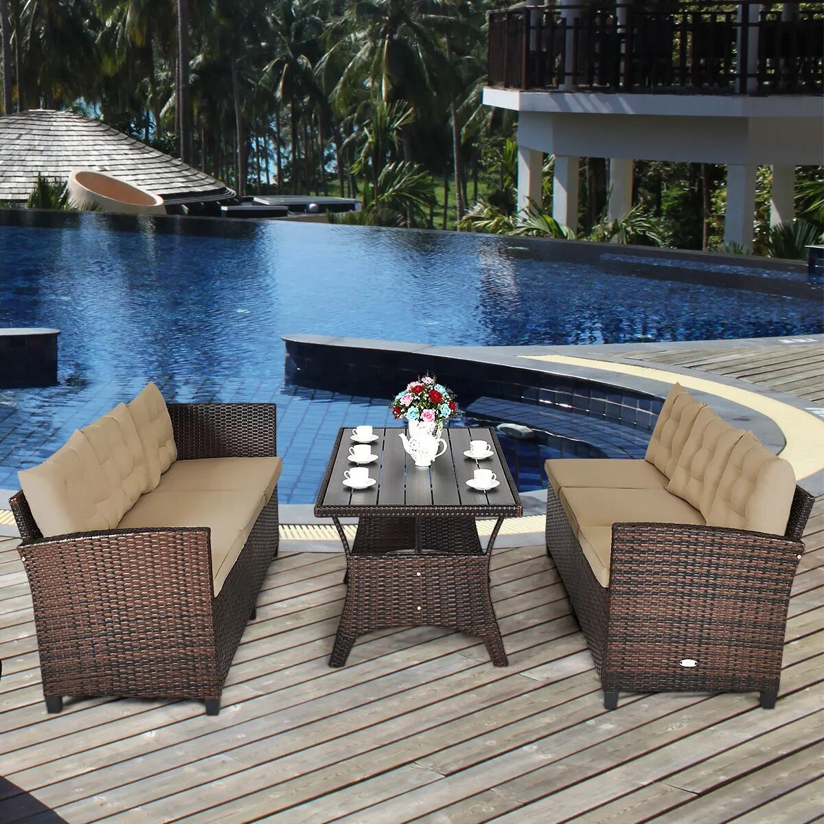 Costway 3PCS Rattan Dining Set Patio Furniture 6 Seats Sofa Cushioned