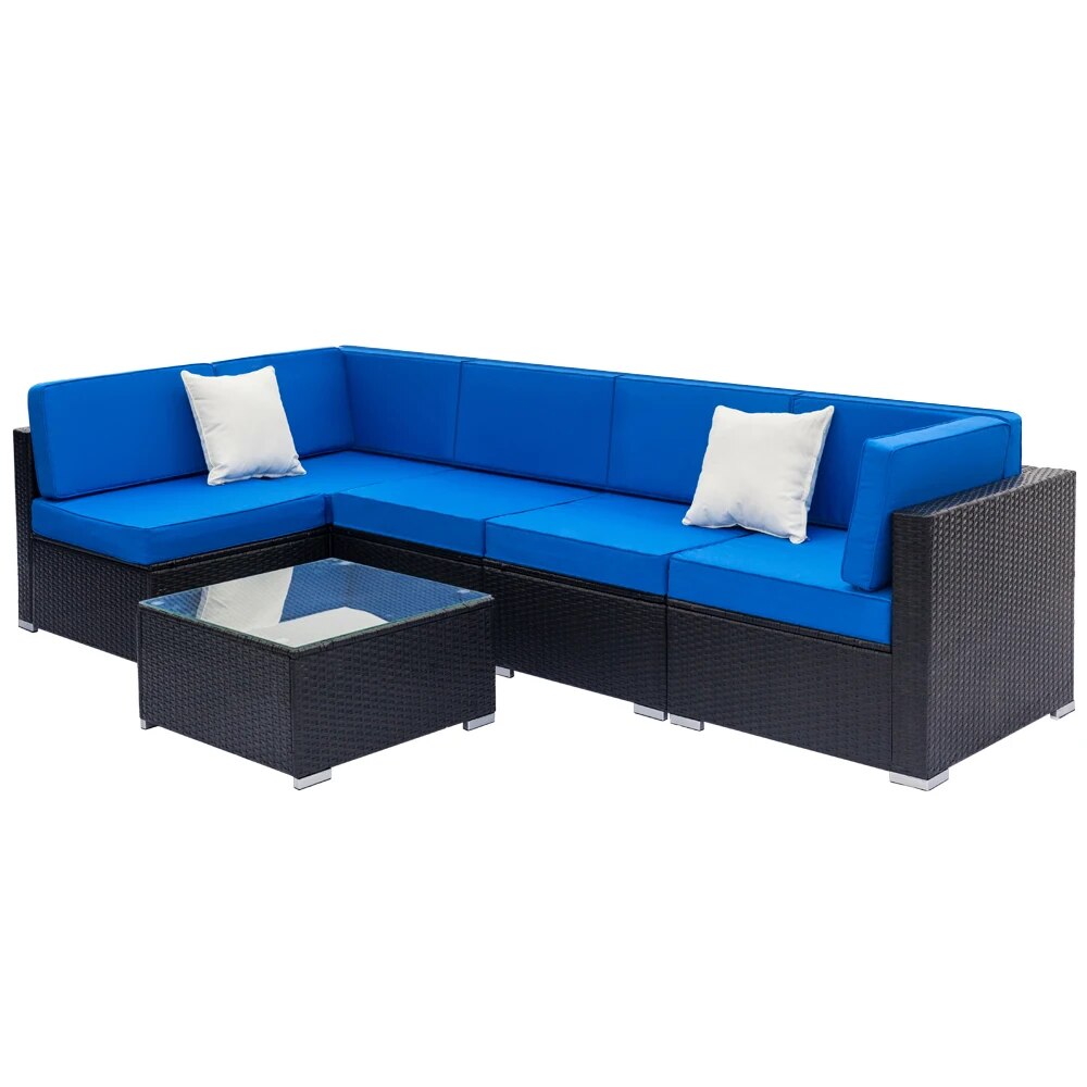 Two Styles Patio Furniture Set 6 Pieces Patio PE Wicker Rattan Corner Sofa Blue  US Warehouse In Stock
