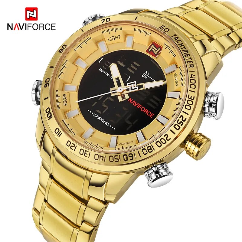 NAVIFORCE Men Clock Gold Watch Mens Digital LED Sport Wristwatch Men's Quartz Dual Display Waterproof Watches Relogio Masculino